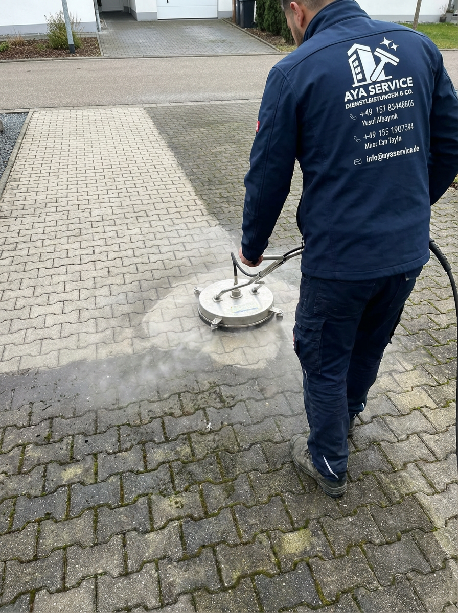 Pflastersteinreinigung mit Flächenreiniger - AYA Service